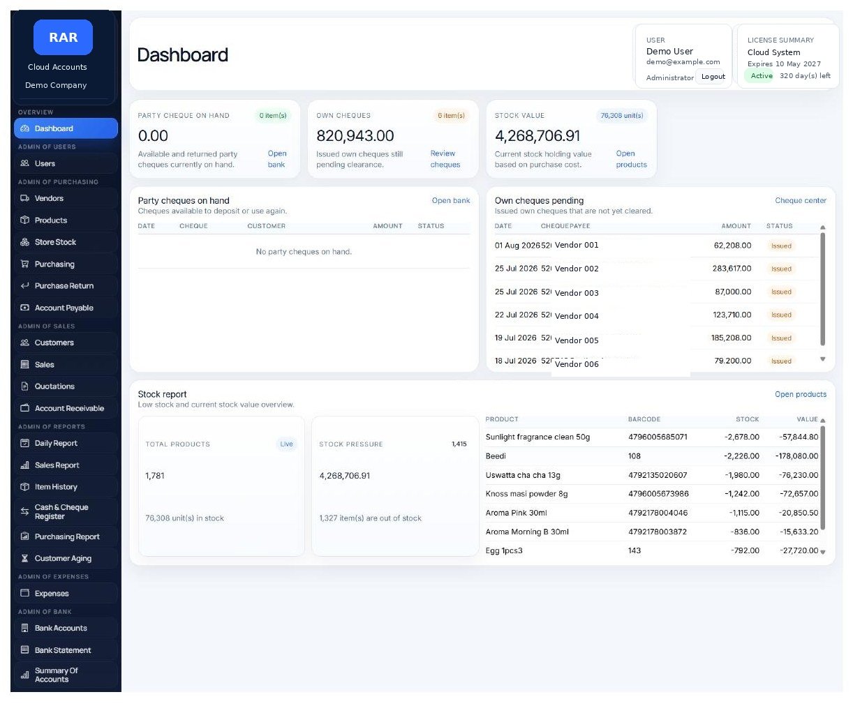RAR Royal Services accounting and inventory dashboard